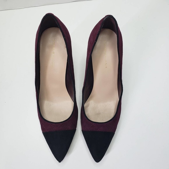 Tommy Hilfiger Violin Pump 10 Quilted Suede Block Heel Burgundy Black - Picture 2 of 10